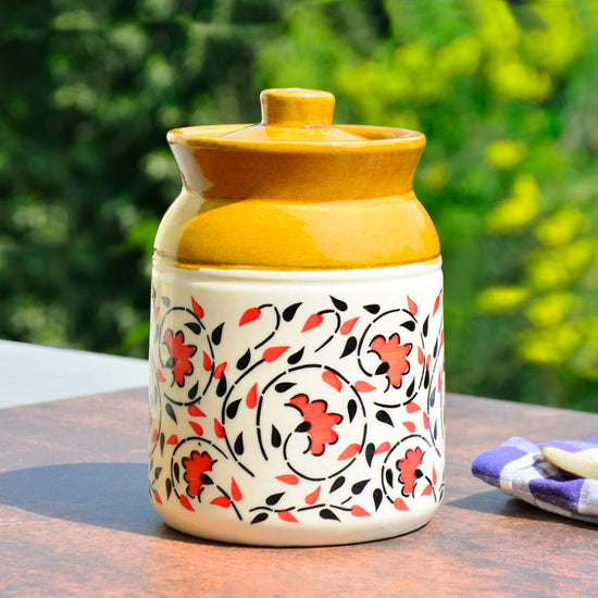 Hand Painted Dual Tone Ceramic Storage Jar with Lid (1200 ml, Sand Yellow, White, Red, Black)