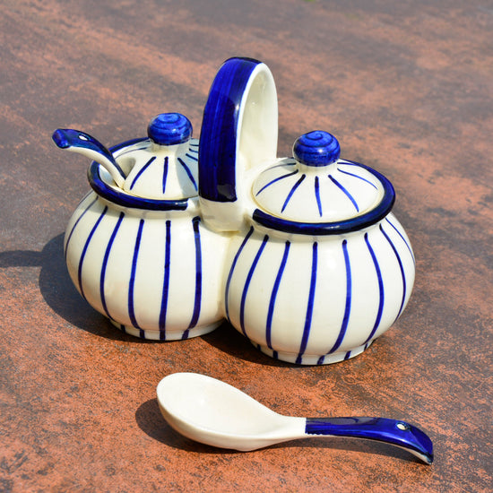 Hand Painted Rounded Ceramic Pickle Jar Set with Lid & Spoon (White and Blue)