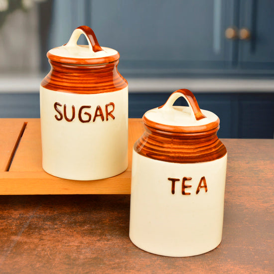 Traditional Dual Tone Ceramic Jar Set with Lid (Set of 2, Sand Yellow & White, 500 ml each)