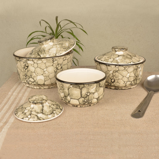 Studio Pottery Handpainted Ceramic Serving Donga with Lid Casserole Set (Set of 3, Grey Lustre)