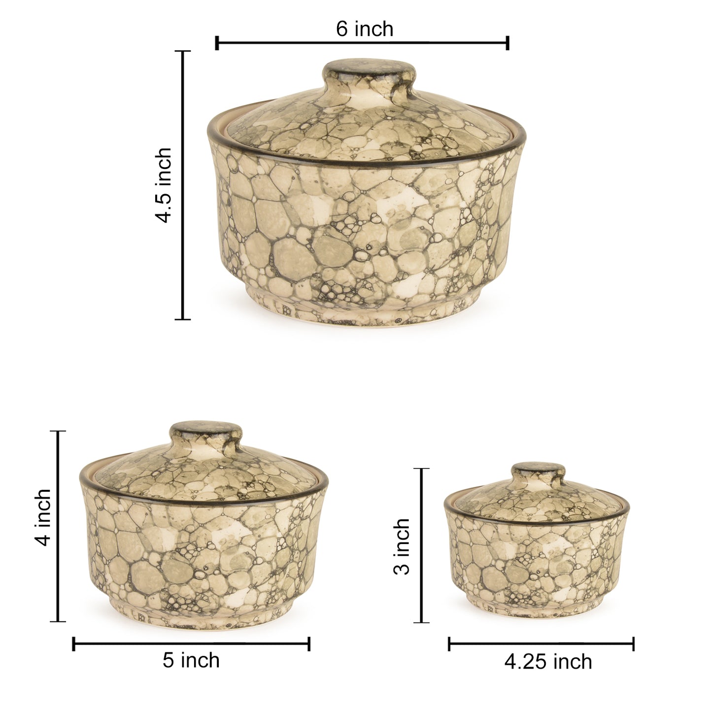Studio Pottery Handpainted Ceramic Serving Donga with Lid Casserole Set (Set of 3, Grey Lustre)