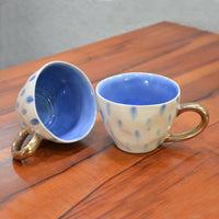 Premium Handmade Blue Rain Drops Ceramic Coffee Mugs with Golden Handle (200 ml, White & Blue, Set of 2)