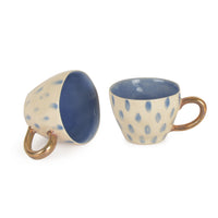 Premium Handmade Blue Rain Drops Ceramic Coffee Mugs with Golden Handle (200 ml, White & Blue, Set of 2)