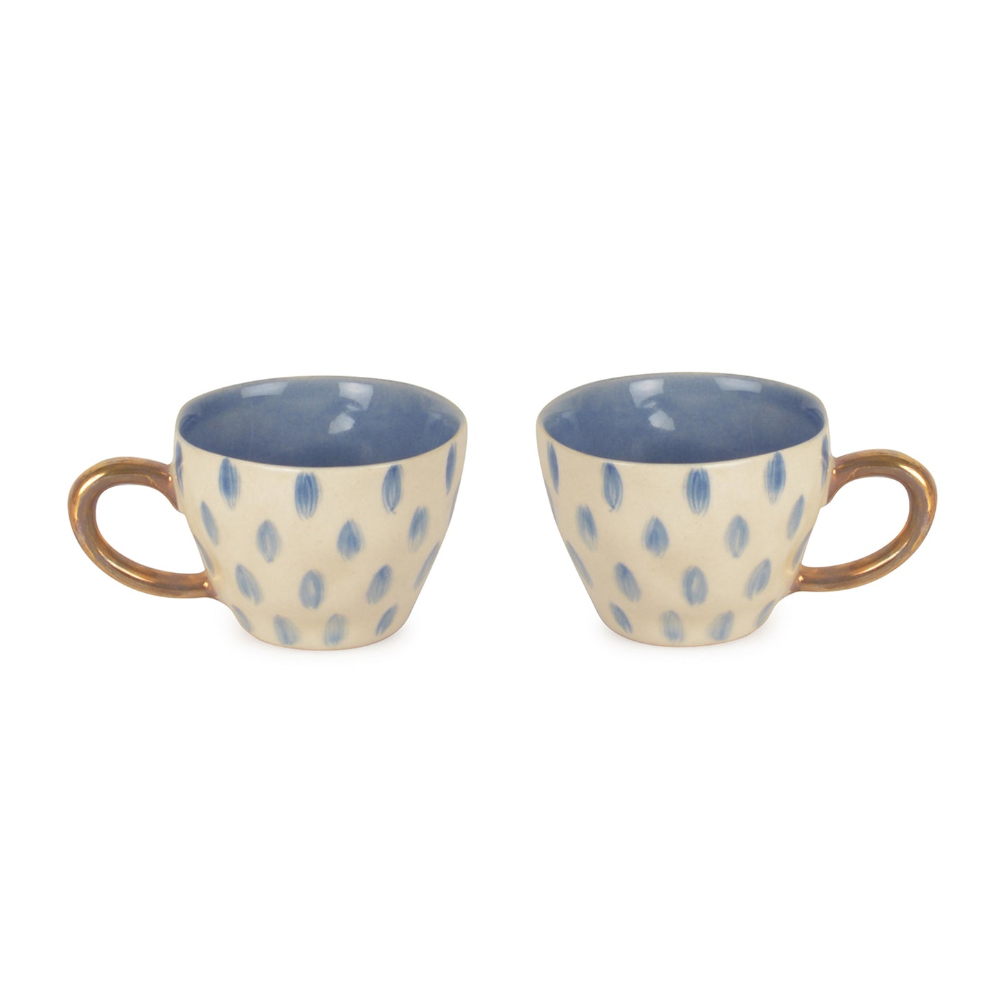 Premium Handmade Blue Rain Drops Ceramic Coffee Mugs with Golden Handle (200 ml, White & Blue, Set of 2)