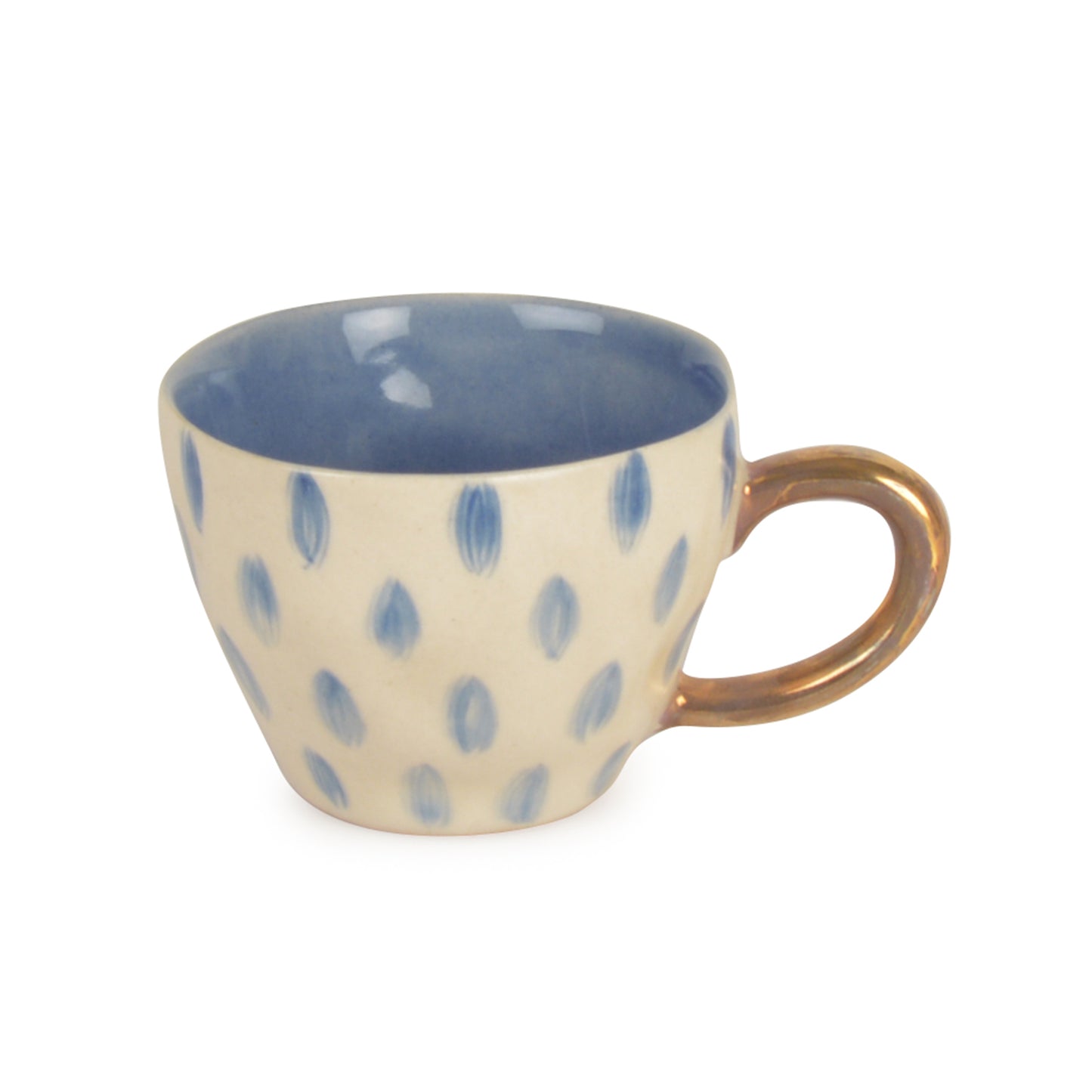 Premium Handmade Blue Rain Drops Ceramic Coffee Mugs with Golden Handle (200 ml, White & Blue, Set of 2)