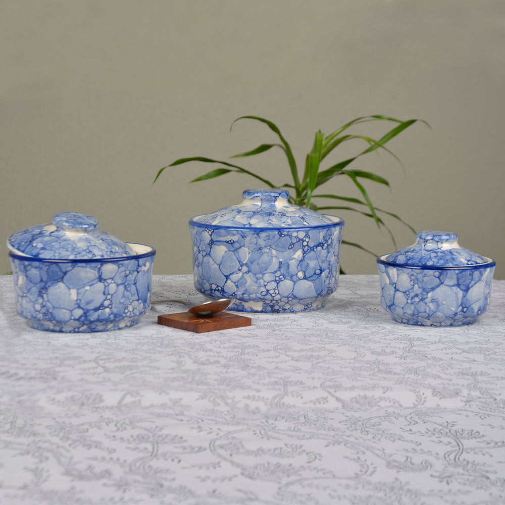 Studio Pottery Handpainted Ceramic Serving Donga with Lid Casserole Set (Set of 3, Blue Lustre)