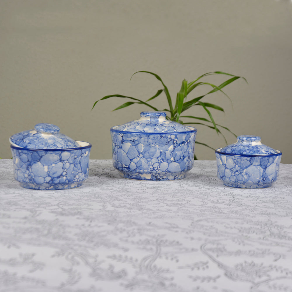 Studio Pottery Handpainted Ceramic Serving Donga with Lid Casserole Set (Set of 3, Blue Lustre)