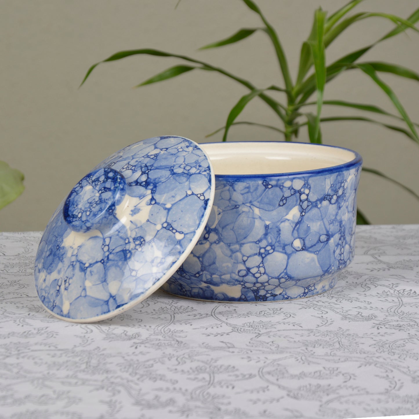 Studio Pottery Handpainted Ceramic Serving Donga with Lid Casserole Set (Set of 3, Blue Lustre)
