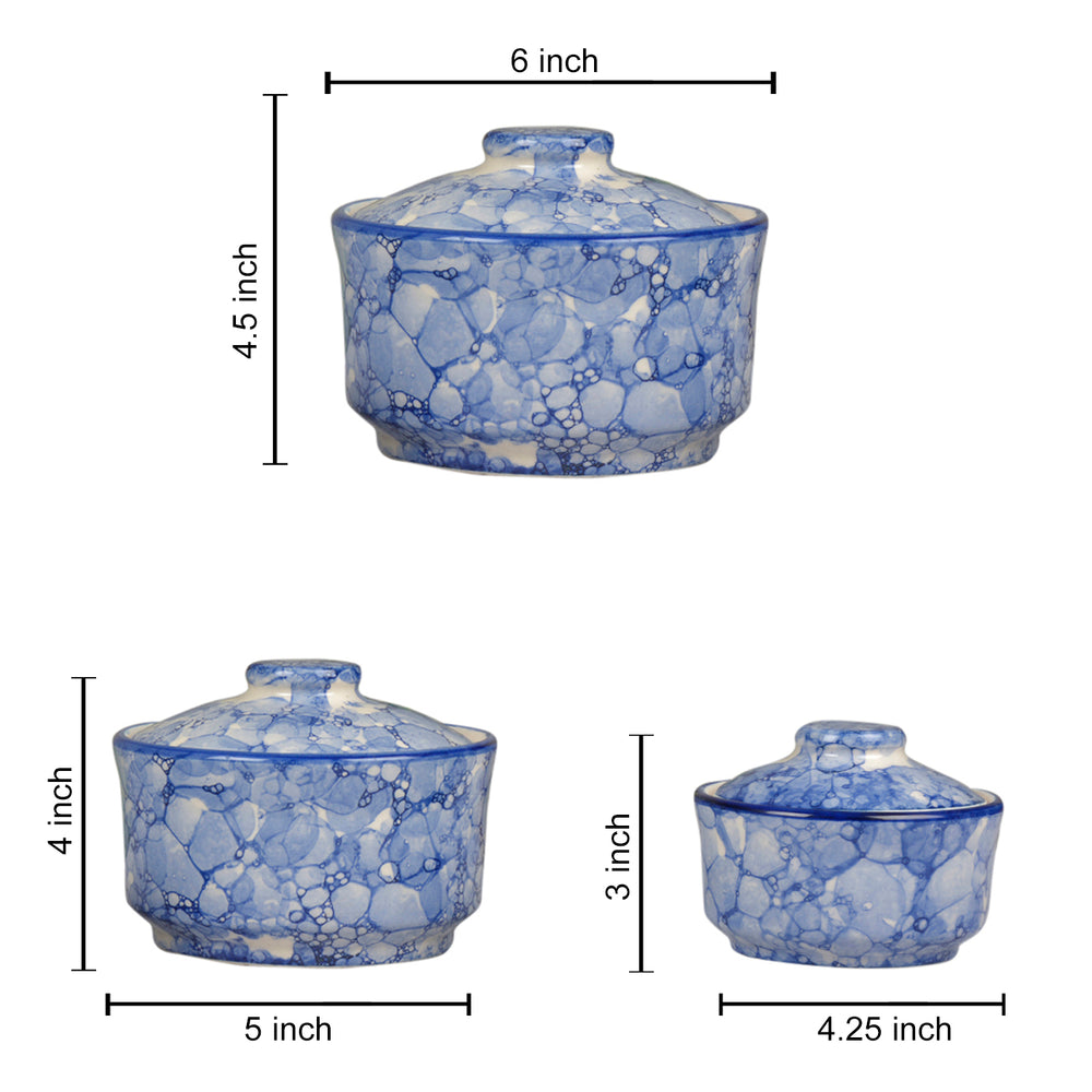 Studio Pottery Handpainted Ceramic Serving Donga with Lid Casserole Set (Set of 3, Blue Lustre)