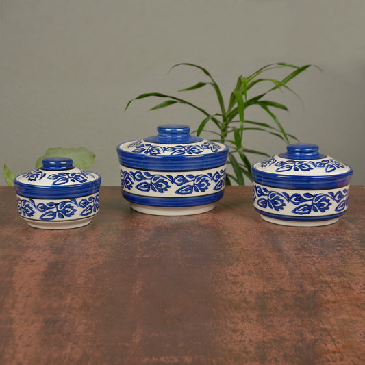 Studio Pottery Handpainted Ceramic Serving Donga with Lid Casserole Set (Set of 3, White and Blue)