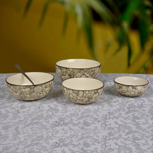 Handpainted Ceramic Dinner Serving Bowl Set (Set of 4, Grey & Black Lustre)