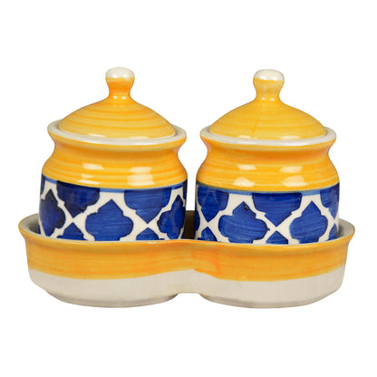 Ceramic Pickle Serving Jar Set with Tray (Set of 2, Yellow, Blue)