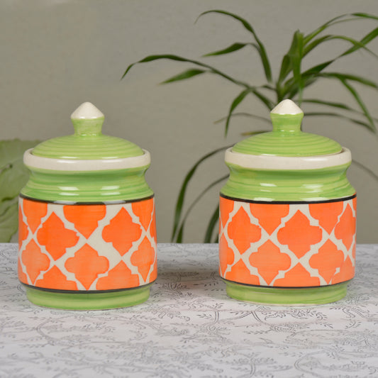 Handpainted Ceramic Jar Set with Lid (Set of 2, 500 ml, Orange and Green )