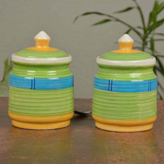 Handpainted Ceramic Jar Set with Lid (Set of 2, 500 ml, Green and Blue)