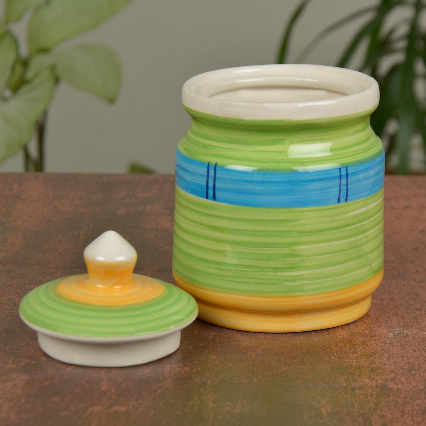 Handpainted Ceramic Jar Set with Lid (Set of 2, 500 ml, Green and Blue)