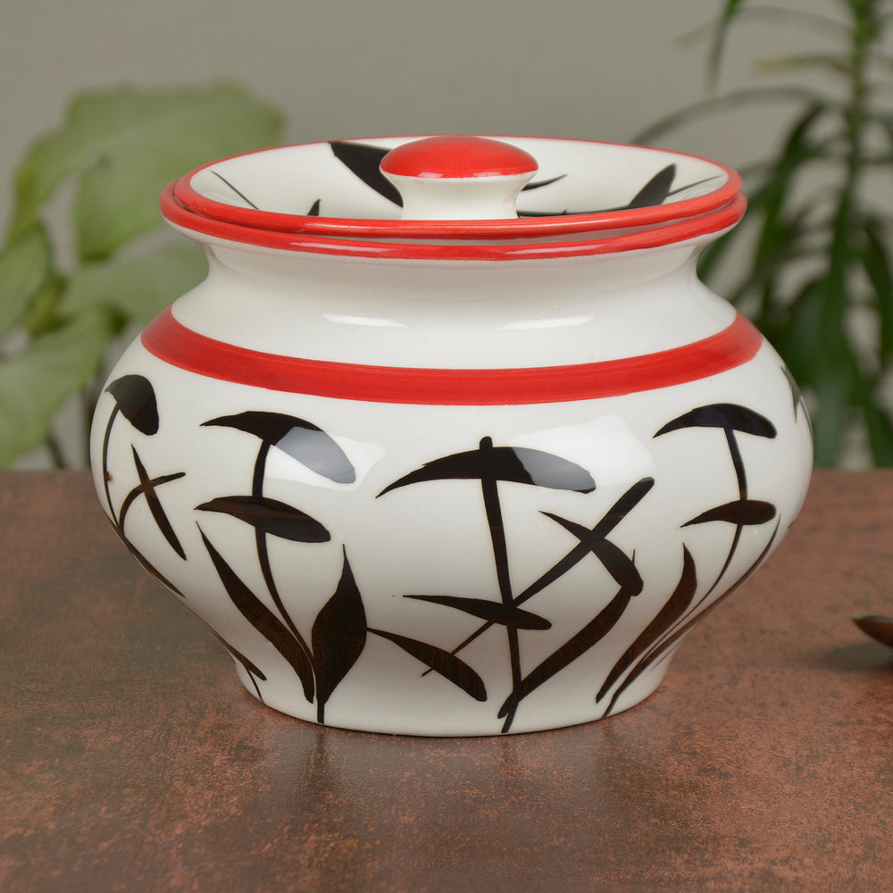 Hand-Painted Ceramic Serving Handi with Lid (1250 ml, White with Black Motif)