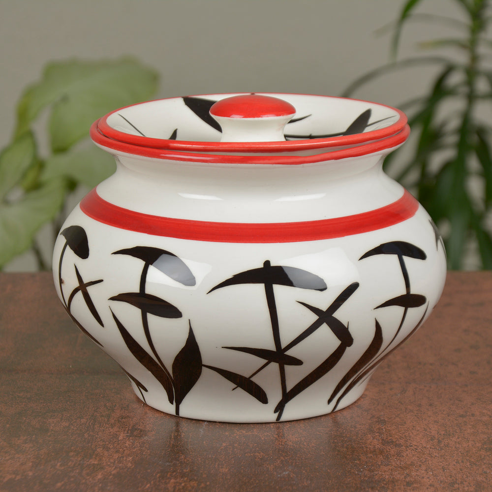 Hand-Painted Ceramic Serving Handi with Lid (1250 ml, White with Black Motif)