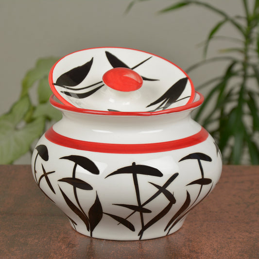Hand-Painted Ceramic Serving Handi with Lid (1250 ml, White with Black Motif)