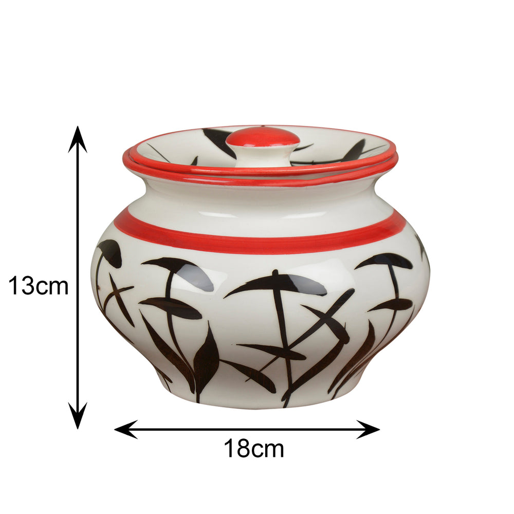 Hand-Painted Ceramic Serving Handi with Lid (1250 ml, White with Black Motif)