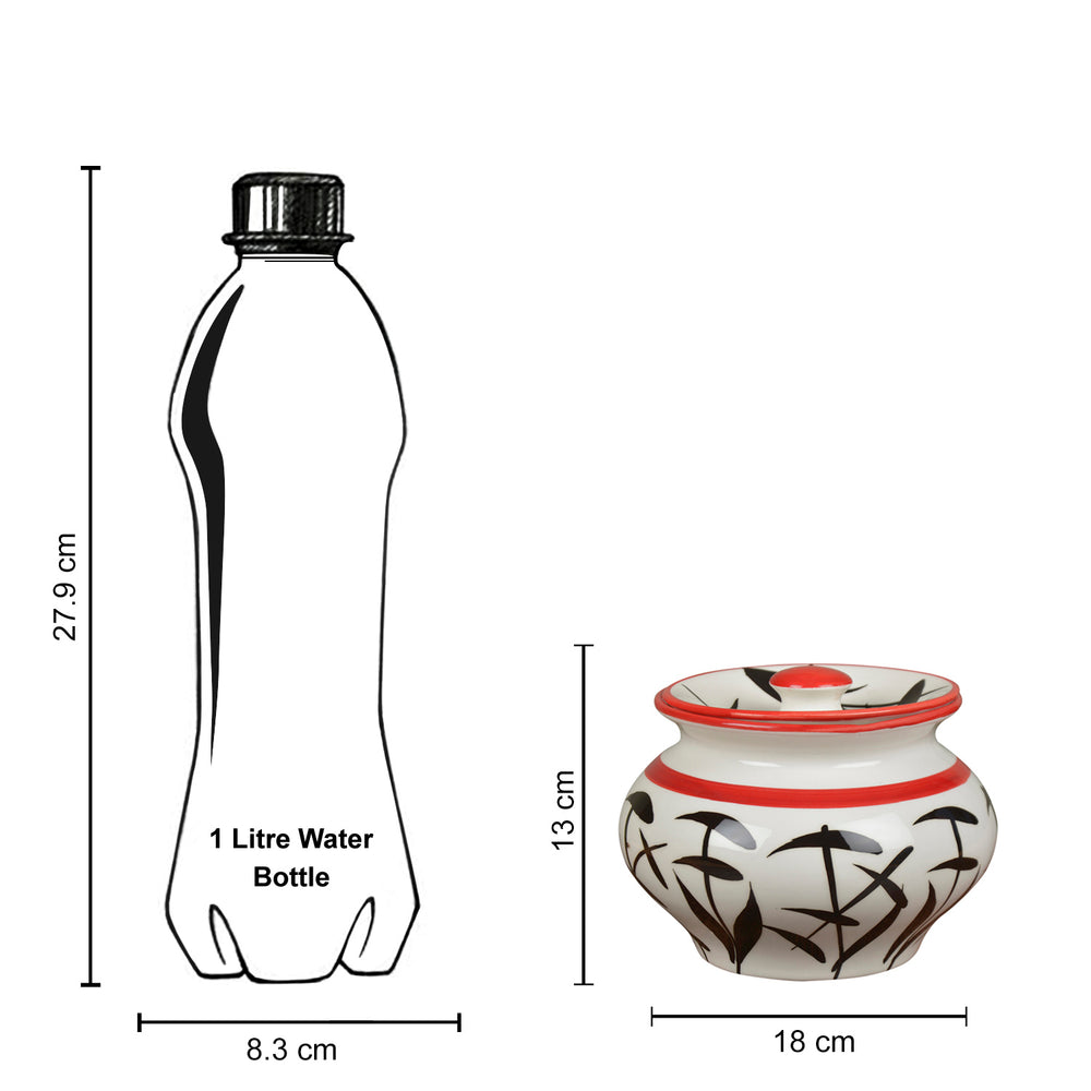 Hand-Painted Ceramic Serving Handi with Lid (1250 ml, White with Black Motif)