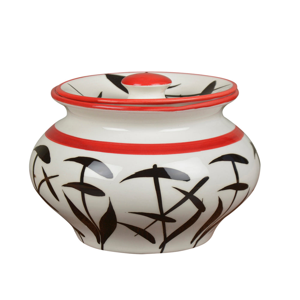 Hand-Painted Ceramic Serving Handi with Lid (1250 ml, White with Black Motif)