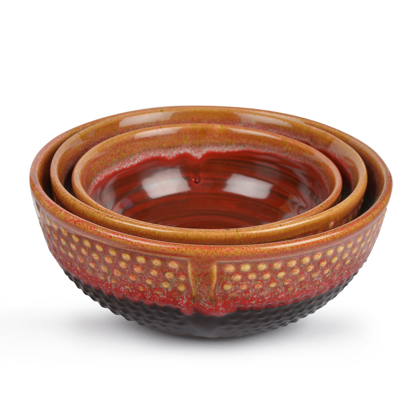 Studio Pottery Ceramic Serving Bowls (Set of 3, Crimson Red, Black)