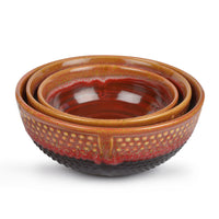 Studio Pottery Ceramic Serving Bowls (Set of 3, Crimson Red, Black)