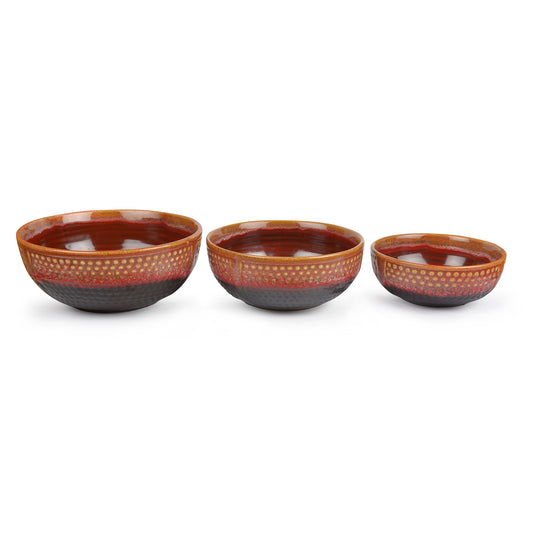 Studio Pottery Ceramic Serving Bowls (Set of 3, Crimson Red, Black)