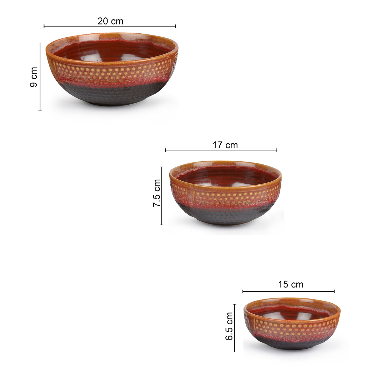 Studio Pottery Ceramic Serving Bowls (Set of 3, Crimson Red, Black)