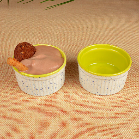 Studio Pottery Ceramic Dessert, Dip Bowls (Set of 2, 150 ml each,  White & Green)