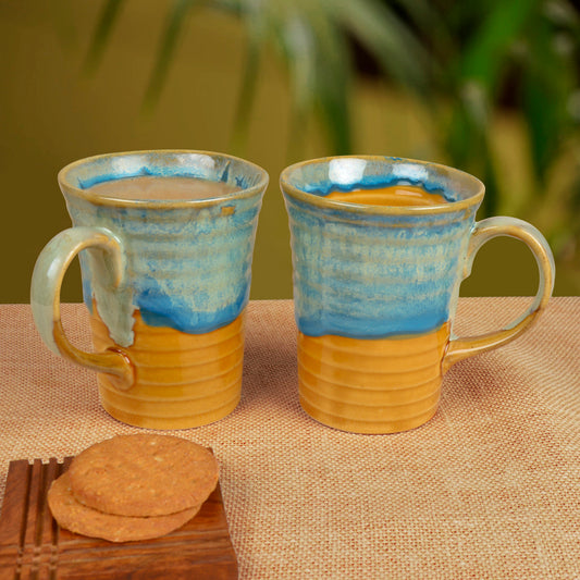 Hand Glazed Dual Tone Ceramic Milk Mugs (300 ml, Set of 2, Sand Yellow, Teal)