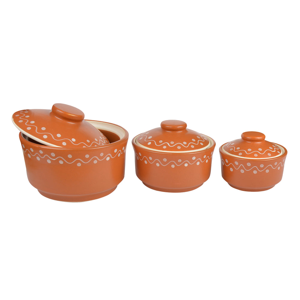 Studio Pottery Handpainted Ceramic Serving Donga with Lid Casserole Set (Set of 3, Terracotta Brown)