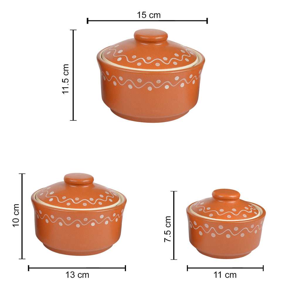 Studio Pottery Handpainted Ceramic Serving Donga with Lid Casserole Set (Set of 3, Terracotta Brown)