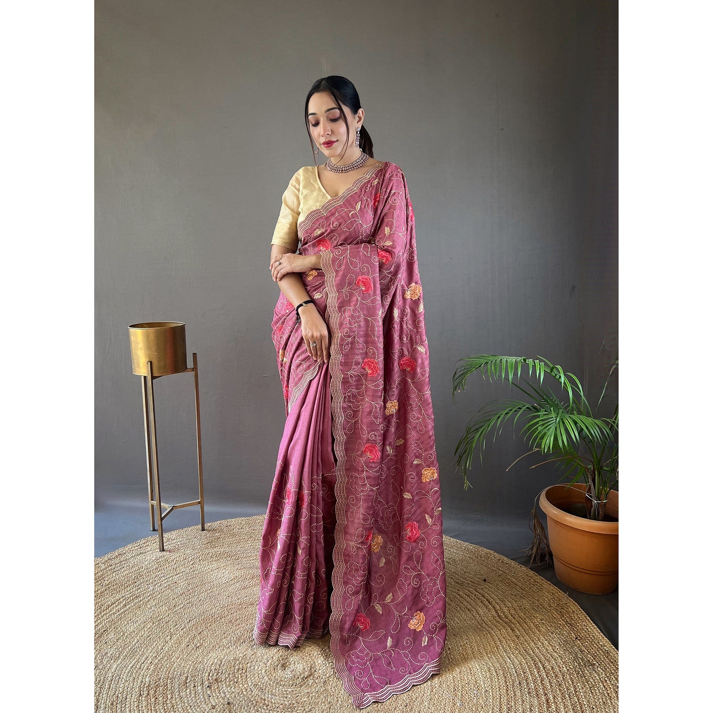 Leela Lavender Tussar Silk Handwork Saree