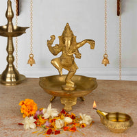 Premium Heavy Pure Brass Diya with Statue of Dancing Lord Ganesh (Height - 7 Inch, Wt - 1Kg)