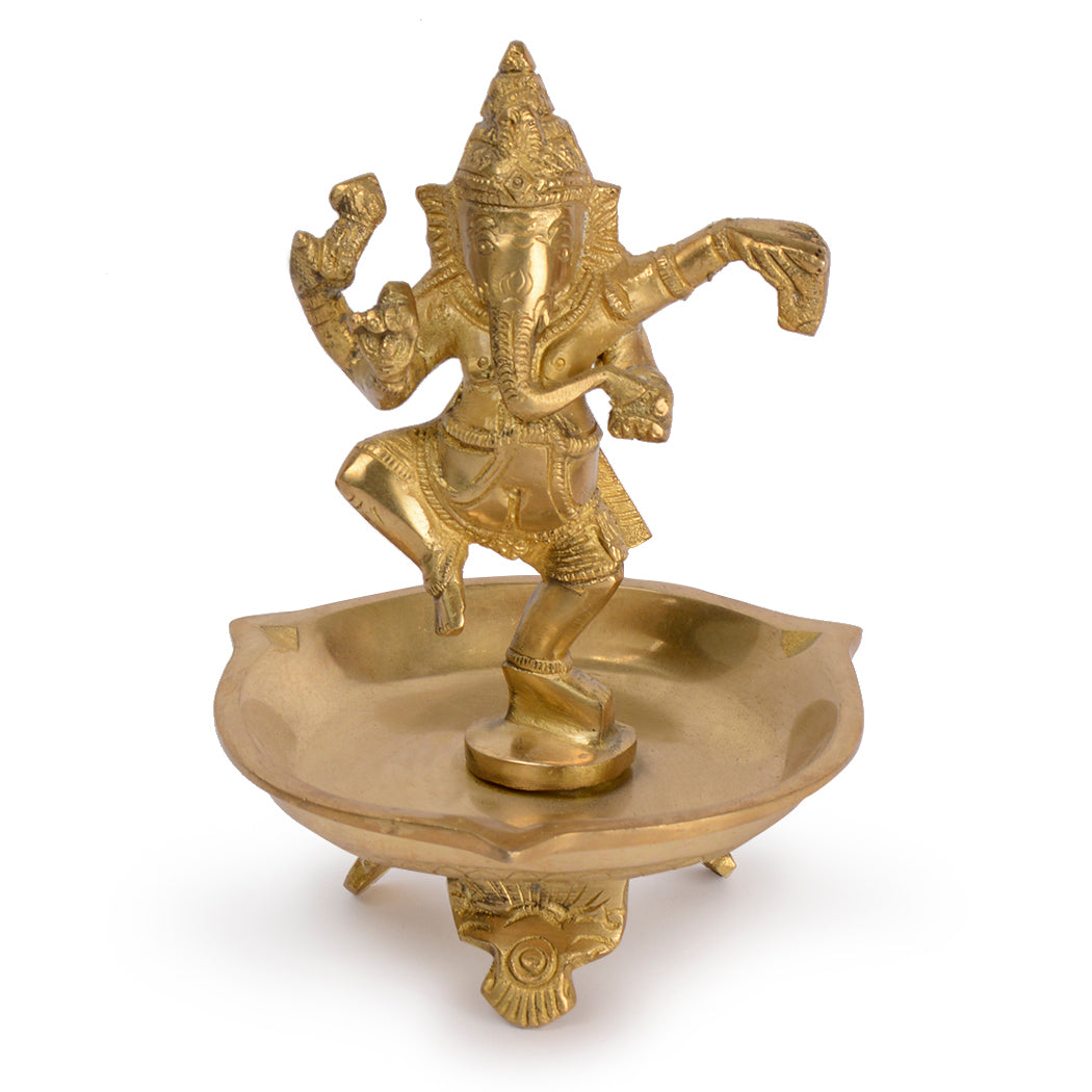 Premium Heavy Pure Brass Diya with Statue of Dancing Lord Ganesh (Height - 7 Inch, Wt - 1Kg)