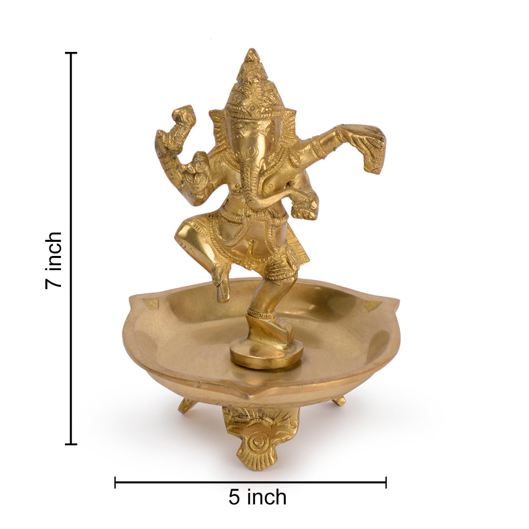 Premium Heavy Pure Brass Diya with Statue of Dancing Lord Ganesh (Height - 7 Inch, Wt - 1Kg)