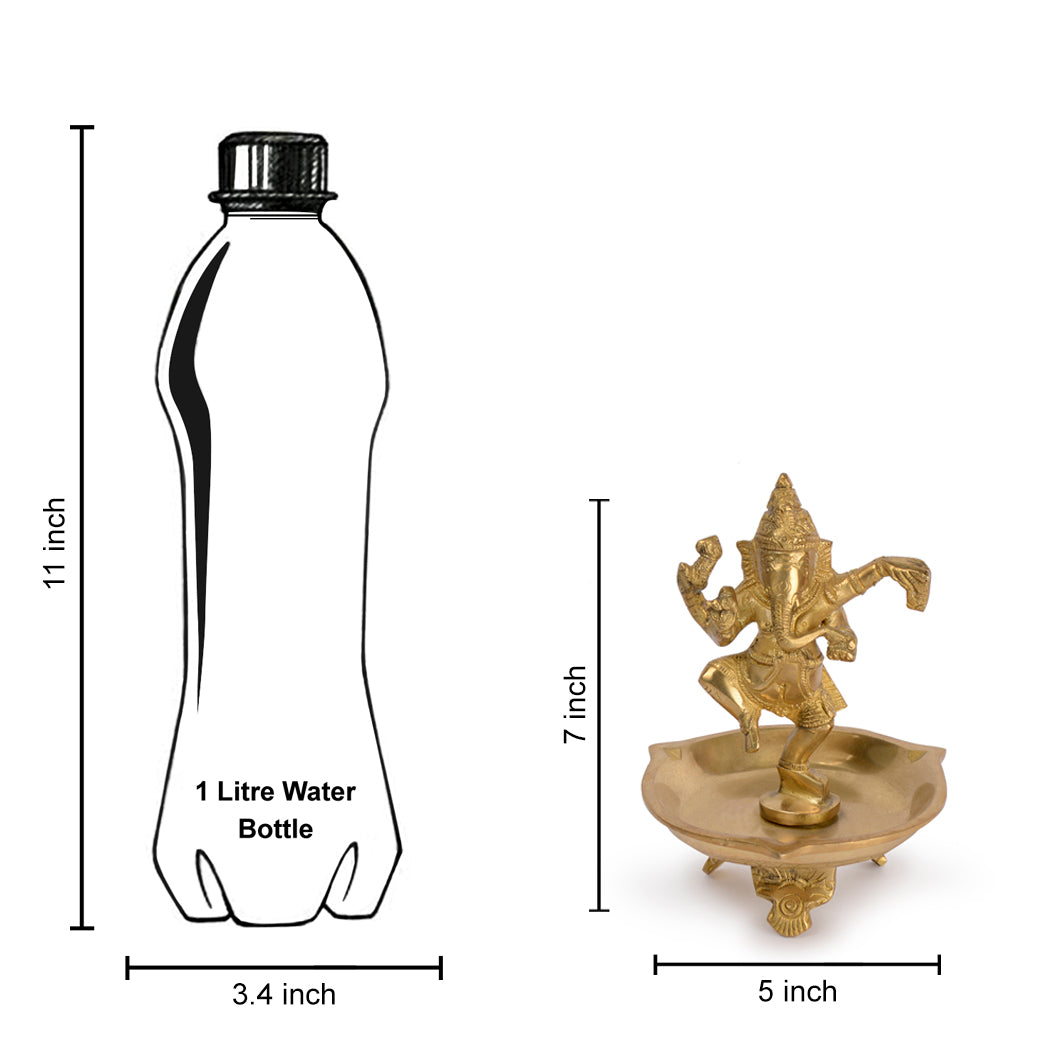 Premium Heavy Pure Brass Diya with Statue of Dancing Lord Ganesh (Height - 7 Inch, Wt - 1Kg)