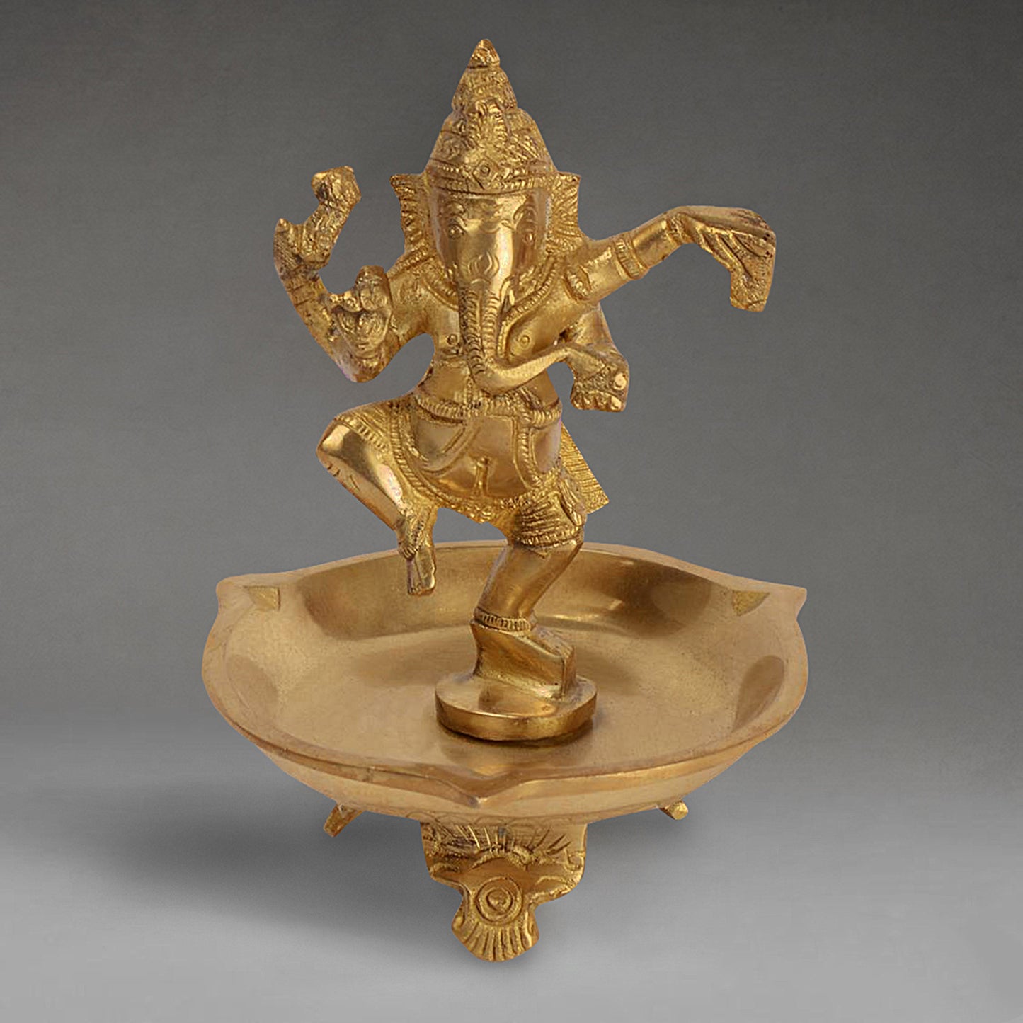 Premium Heavy Pure Brass Diya with Statue of Dancing Lord Ganesh (Height - 7 Inch, Wt - 1Kg)