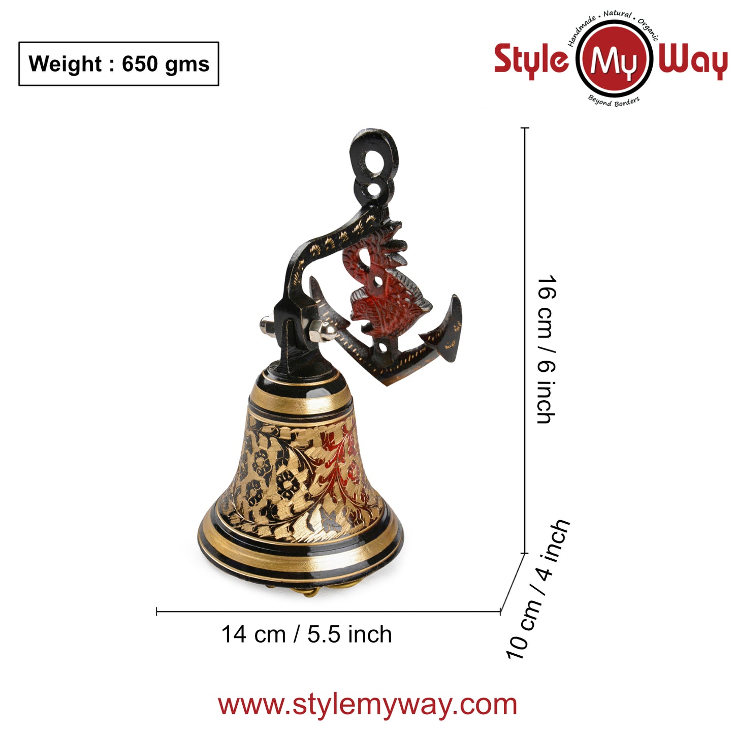 Brass Hanging Door Bell with Anchor Bracket (Diameter – 12.5 cm, Height - 22 cm, 1200 gm)