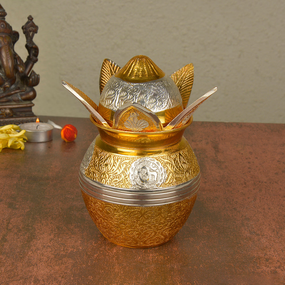 Handcrafted Premium Brass Mangal Kalash with Metalic Coconut and Leaves