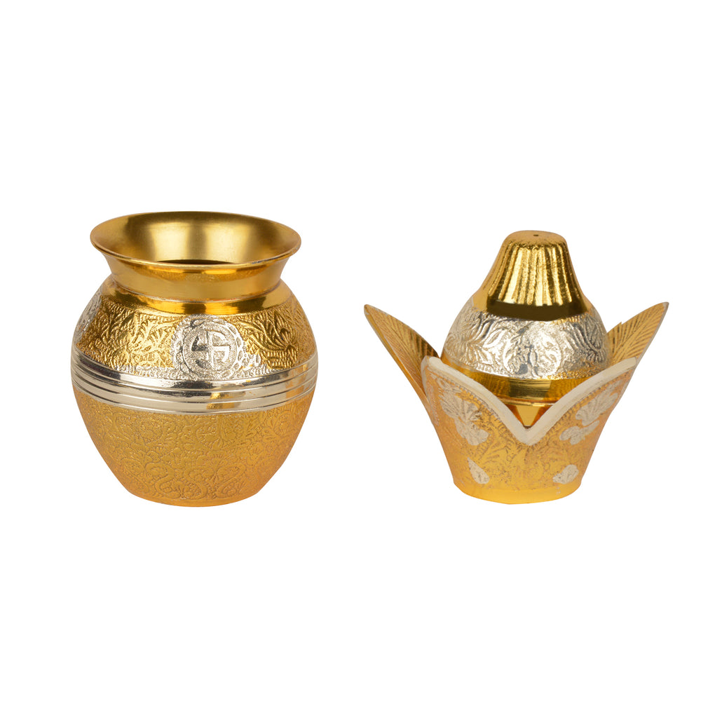 Handcrafted Premium Brass Mangal Kalash with Metalic Coconut and Leaves