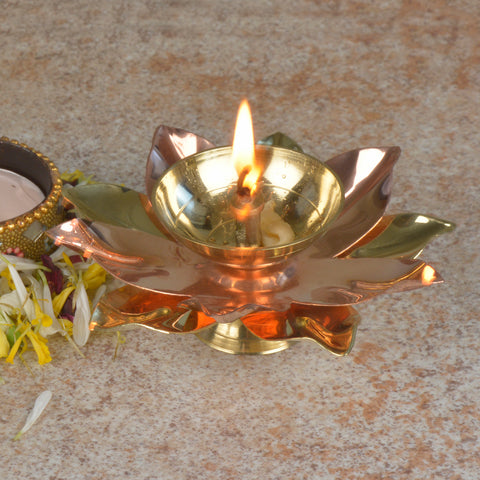 Brass Lotus Pooja Diya / Oil Lamp (D - 12.5 cm)