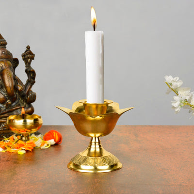 Embossed Brass Lotus Shaped Candle Stand