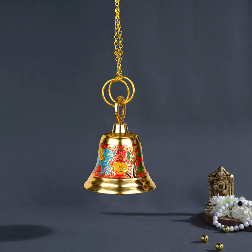 Pure Brass Hanging Temple Bell with Blue Elephant Engraving