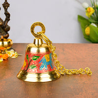 Pure Brass Hanging Temple Bell with Blue Elephant Engraving