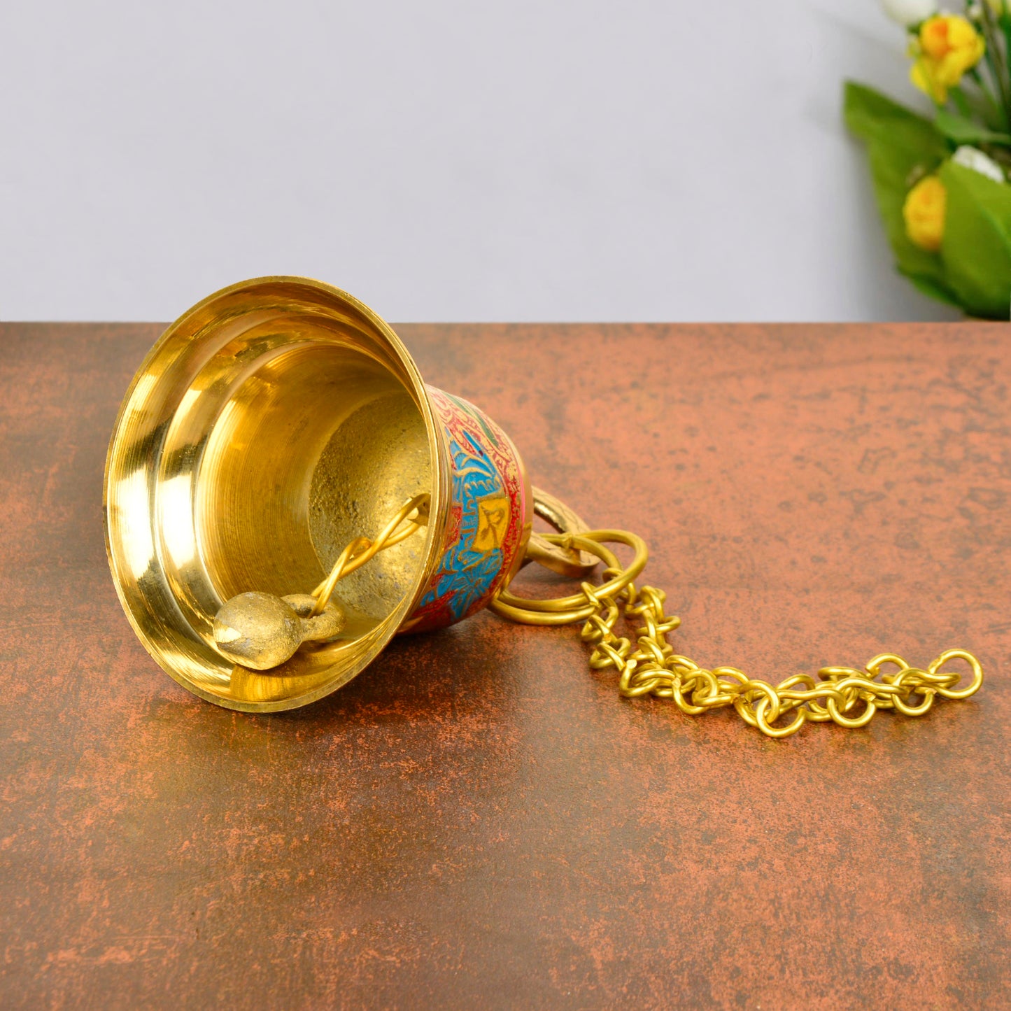 Pure Brass Hanging Temple Bell with Blue Elephant Engraving