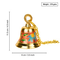 Pure Brass Hanging Temple Bell with Blue Elephant Engraving