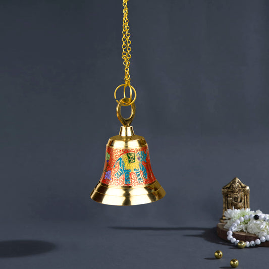 Pure Brass Hanging Temple Bell with Blue Elephant Engraving