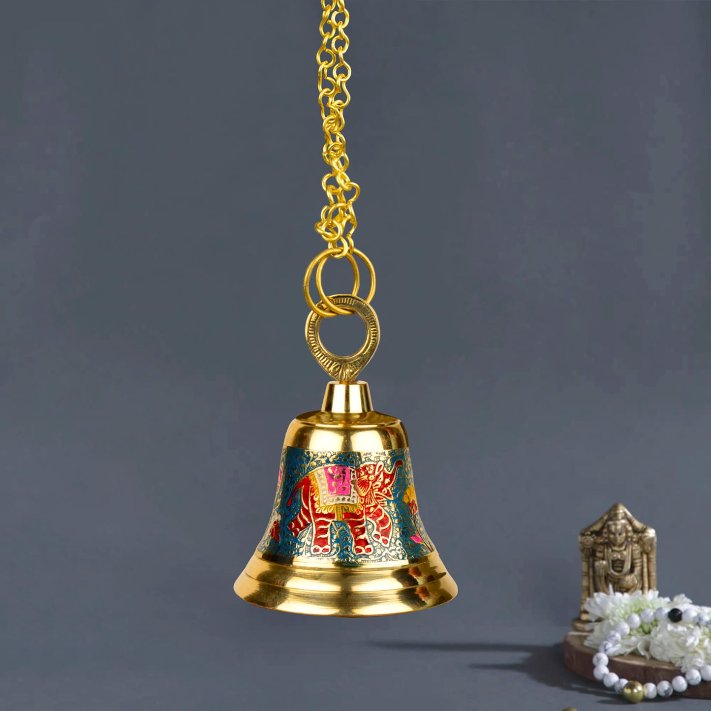 Pure Brass Hanging Temple Bell with Red Elephant Engraving